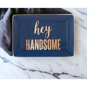 Lot of 5! Hey Handsome Navy Blue Gold Trim Ceramic Trinket Jewelry 6.25" x 4.25"